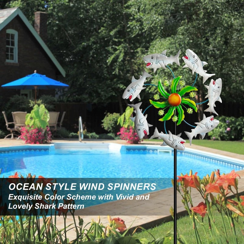 Senflame Shark Outdoor Wind Spinners - 39" Ocean-Themed Metal Wind Sculptures Garden Stake Art, 13.5” Windmill Yard Kinetic, Outdoor Decor for Patio & Lawn - Metal Beach Sculpture with Shark Design - Image 2